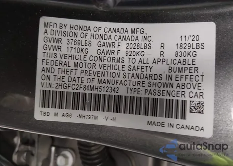 2021 Honda Civic Sport from USA, damaged, VIN 2HGFC2F84MH512342